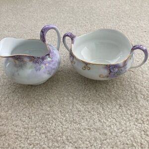 LIMOGES T&V TRESSEMANES & FRANCE HAND PAINTED CREAMER SUGAR GOLD RIM